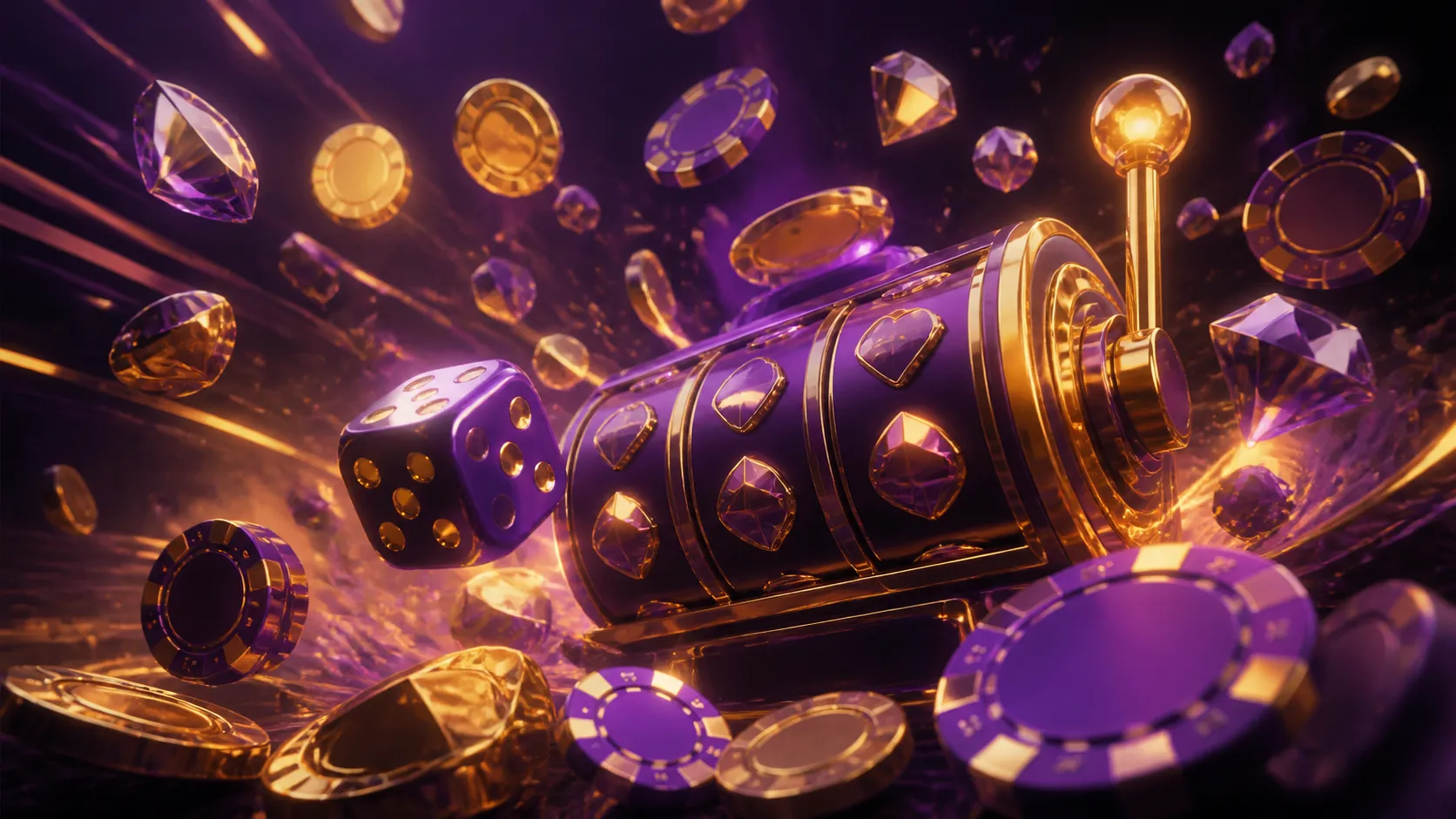Luxurious casino-themed hero banner featuring a panoramic view with floating poker chips, glowing roulette wheel, and neon el
