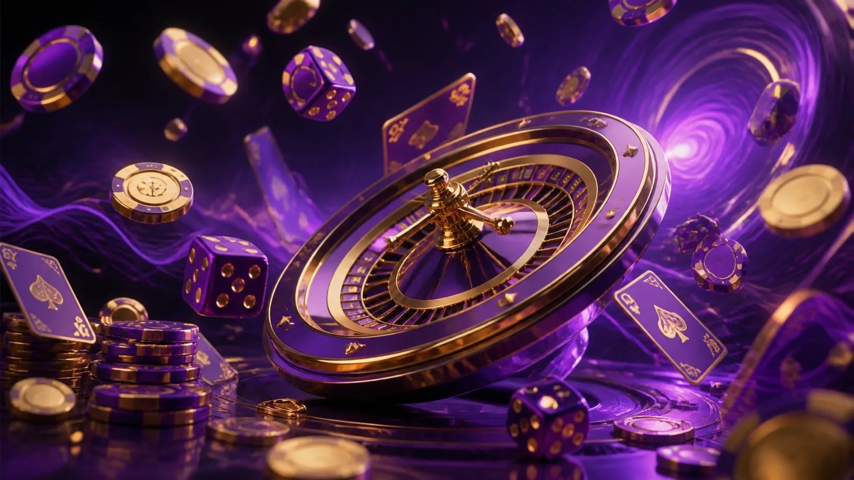 Cyberpunk neon casino scene with poker chips, glowing dice, and vibrant holographic elements symbolizing Vibrobet's high-end 